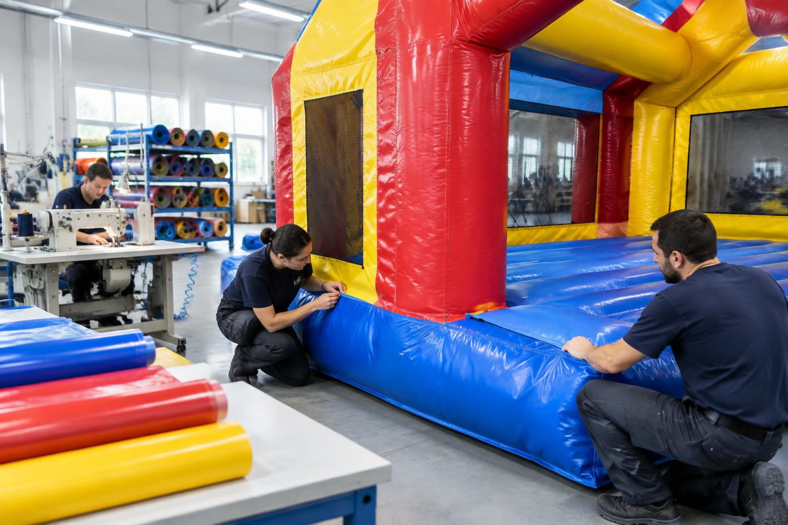 Workers sewing and inspecting the seams of a bounce house in a manufacturing workshop
