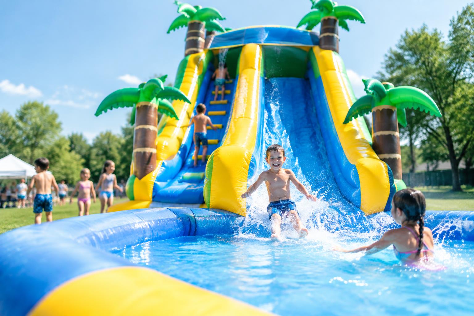 Kids racing down an inflatable water slide into a splash pool on a summer day